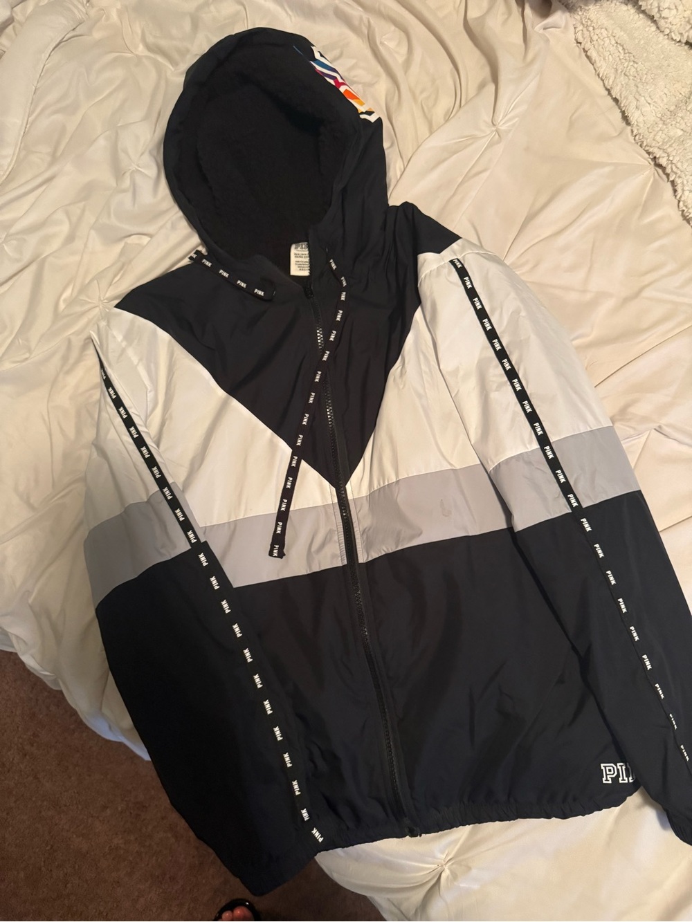 PINK Victoria's Secret Men's Black, White & Gray Hooded Windbreaker